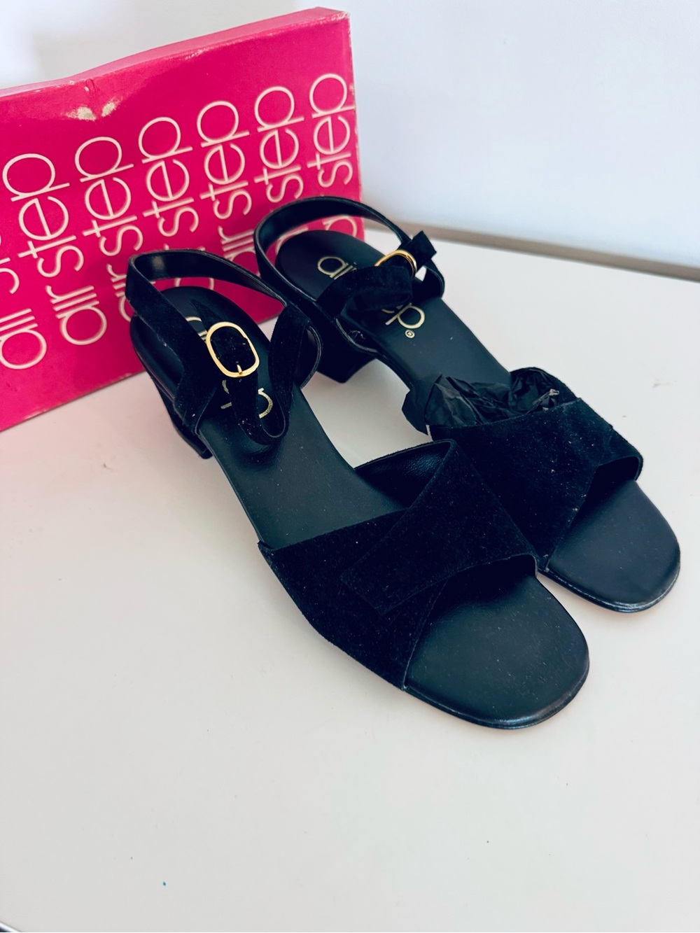 Black Suede Low Block Heel Sandals with Ankle Buckle Vintage in box